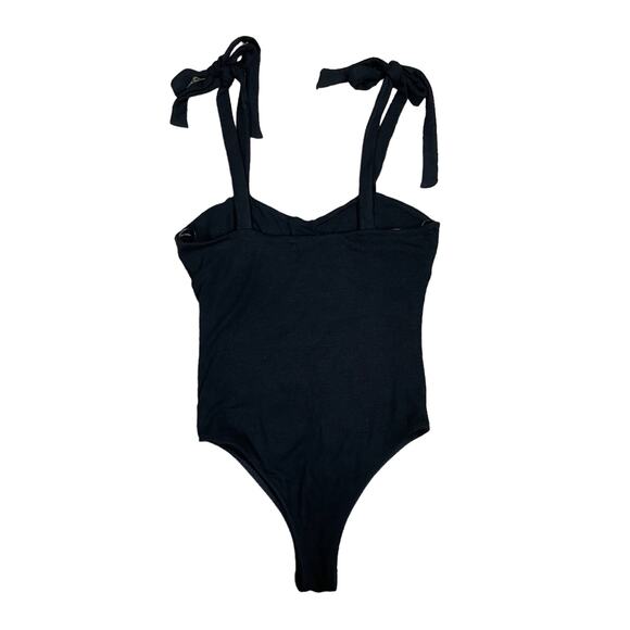 Gianni Bini | Arissa Black Ribbed Knit Tie Strap Cheeky Bodysuit - Picture 4 of 12